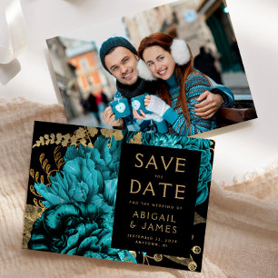 Convite Turquesa Dourado Floral Foto Casamento Salve a Dat
