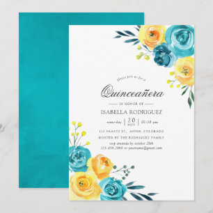 Convite Turquesa e Amarelo Floral Watercolor Quinceañera