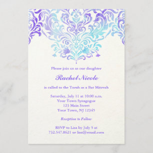 Convite Turquesa e bastão roxo Mitzvah do damasco da