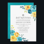 Convite Turquesa e Bat Floral Amarelo Mitzvah<br><div class="desc">Turquesa e amarela - o chá e o bastão floral de limão mitzvah convite com sotaques de coral com flores aquarelle e folhagem.</div>