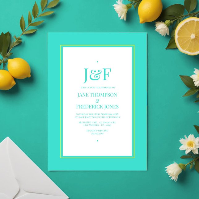 Convite Turquesa e Casamento Amarelo-Limão (Turquoise and Lemon Yellow Wedding Invitation)