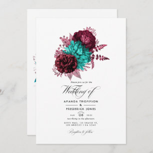 Convite Turquesa e Casamento Floral Burgundy