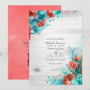 Convite Turquesa e Coral Floral Código QR RSVP Casamento E