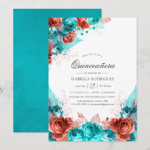 Convite Turquesa e Coral Quinceañera Floral Rústica
