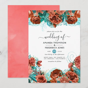 Convite Turquesa e Coral Vivo Casamento Floral Rústico