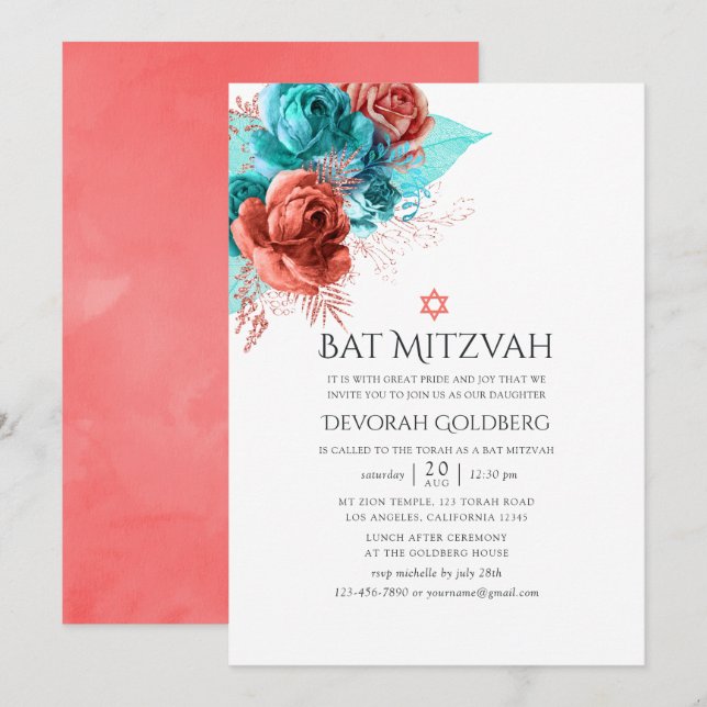Convite Turquesa e Coral Vivo Floral Bat Mitzvah (Frente/Verso)