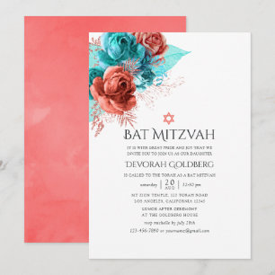 Convite Turquesa e Coral Vivo Floral Bat Mitzvah