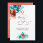 Convite Turquesa e Coral Watercolor Bat Floral Mitzvah<br><div class="desc">Rosas de tartaruga e coral e o convite de morcego mitzvah de folhagem foliar tropical faux com elegante tipografia de escrita manual.</div>