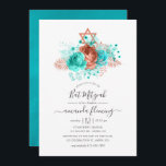 Convite Turquesa e Coral Watercolor Bat Mitzvah<br><div class="desc">Convite de morcego de verão mitzvah,  com turquesa e rosas de coral e folhagem tropical faux com tipografia elegante.</div>