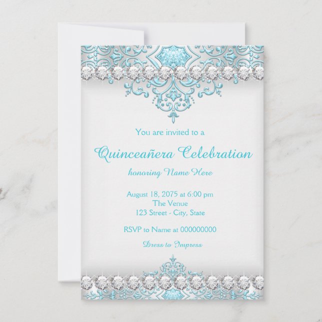 Convite Turquesa e Diamante de Prata Quinceanera (Frente)