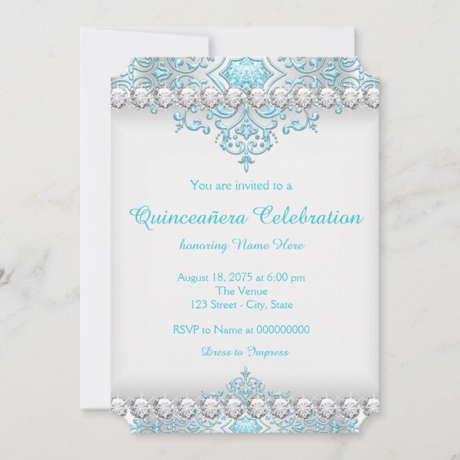 Convite Turquesa e Diamante de Prata Quinceanera (Frente)