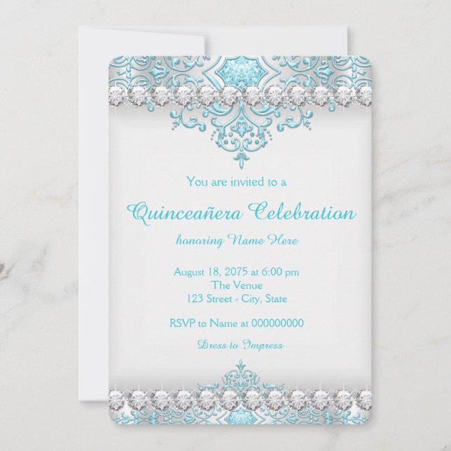 Convite Turquesa e Diamante de Prata Quinceanera (Frente)