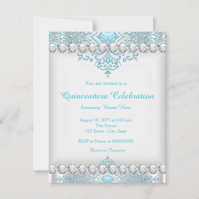 Convite Turquesa e Diamante de Prata Quinceanera (Frente)