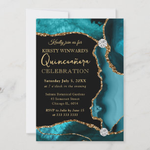 Convite Turquesa e Dourado Falso Brilho Ágata Quinceanera