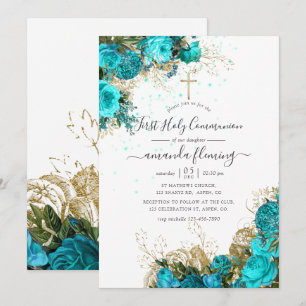 Convite Turquesa e Dourado Floral Vintage Primeira Comunhã