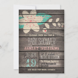 Convite Turquesa e Flor Rosa, Chá de fraldas De Madeira Ru