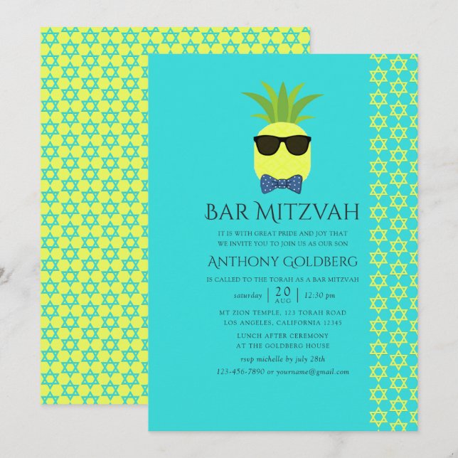 Convite Turquesa e Limão Bar Mitzvah Tropical de Verão (Frente/Verso)
