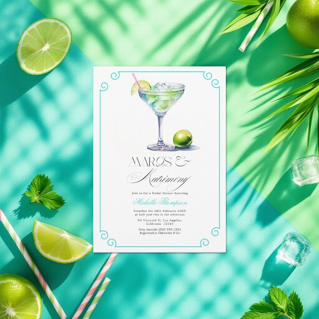 Convite Turquesa e Limão Margs & Matrimony Chá de panela (Elegant Margs & Matrimony Bridal Shower Invitation)