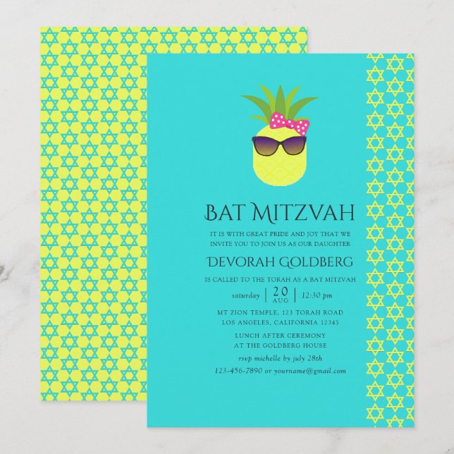 Convite Turquesa e Limão Tropical Verão Bat Mitzvah (Frente/Verso)