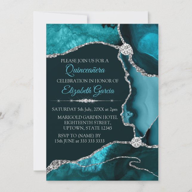 Convite Turquesa e Prata Glitter Agata Quinceanera (Frente)