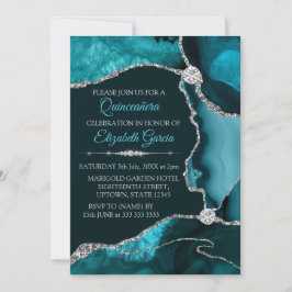 Convite Turquesa e Prata Glitter Agata Quinceanera