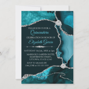Convite Turquesa e Prata Glitter Agata Quinceanera