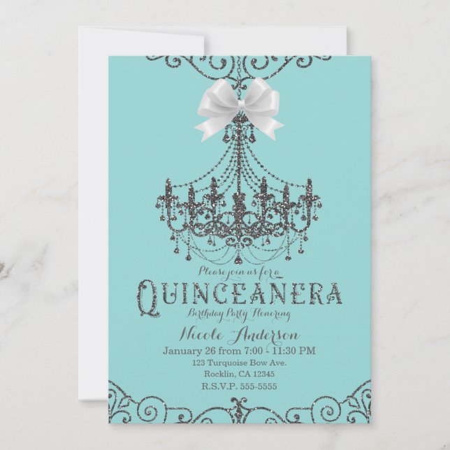 Convite Turquesa e Prata Laço Branco Quinceañera 15 15 Ano (Frente)