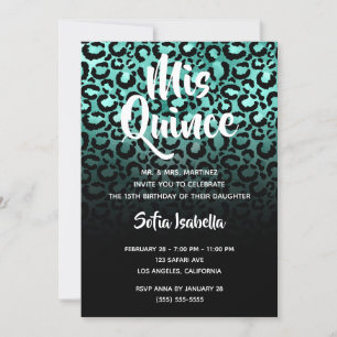 Convite Turquesa e Preto Glam Leopardo Ombre Mis Quince