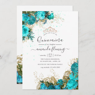 Convite Turquesa e Quinceañera Floral Dourada
