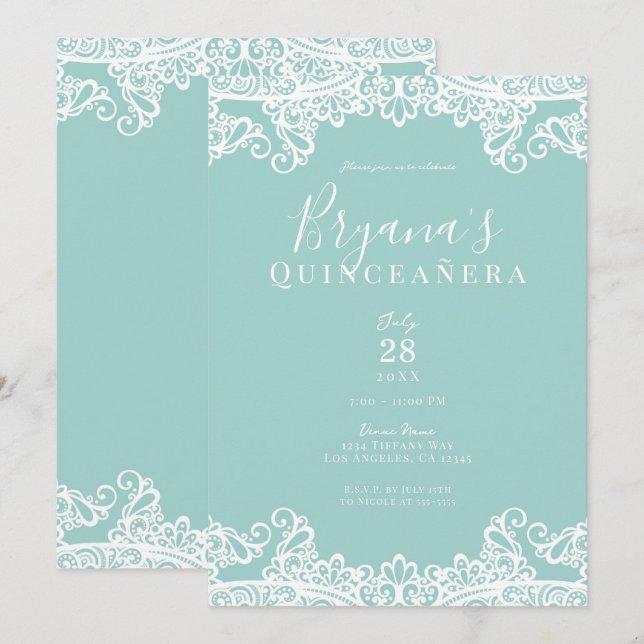 Convite Turquesa e Renda Branca Festa Elegante de Quinceañ (Frente/Verso)