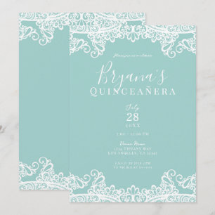 Convite Turquesa e Renda Branca Festa Elegante de Quinceañ