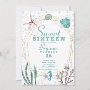 Convite Turquesa e Rosa Debaixo do Mar Festa Divertida de