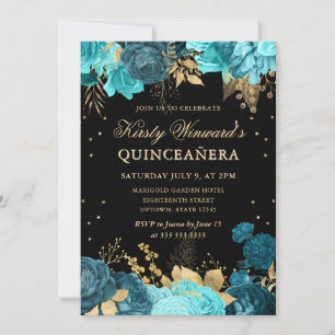 Convite Turquesa e Rosas Douradas Floral Quinceanera