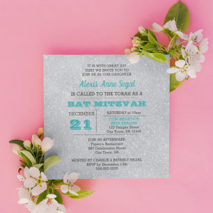 Convite Turquesa e Silver Glitter Glam Bat Mitzvah