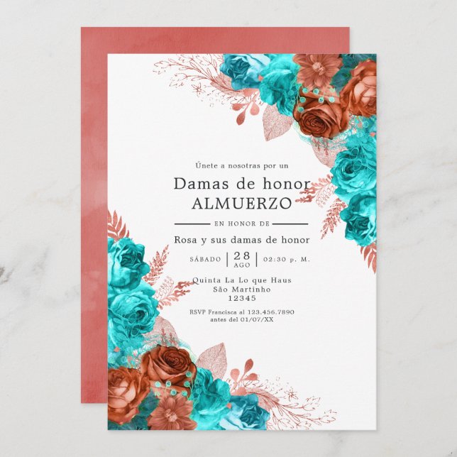 Convite Turquesa espanhola e Coral Bridesmaids Luncheon (Frente/Verso)