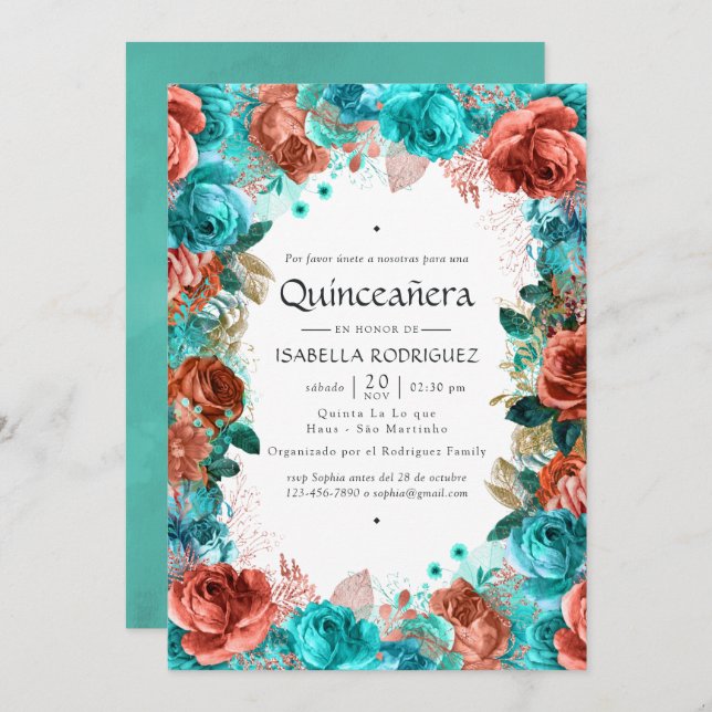 Convite Turquesa espanhola e Coral Floral Quinceañera (Frente/Verso)
