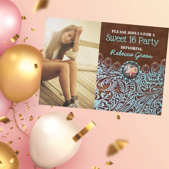 Convite turquesa — festa de aniversário 16 ocidental (turquoise country western sweet 16 birthday party invitation)
