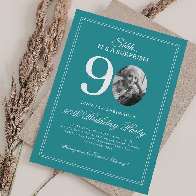 Convite Turquesa | Festa Surpresa de 90 Anos (Turquoise | Surprise 90th Birthday Party Invitation)