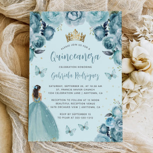 Convite Turquesa Floral Aquarela Princesa Quinceañera