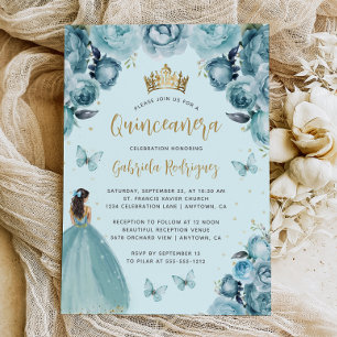 Convite Turquesa Floral Dourada Quinceañera em Aquarela