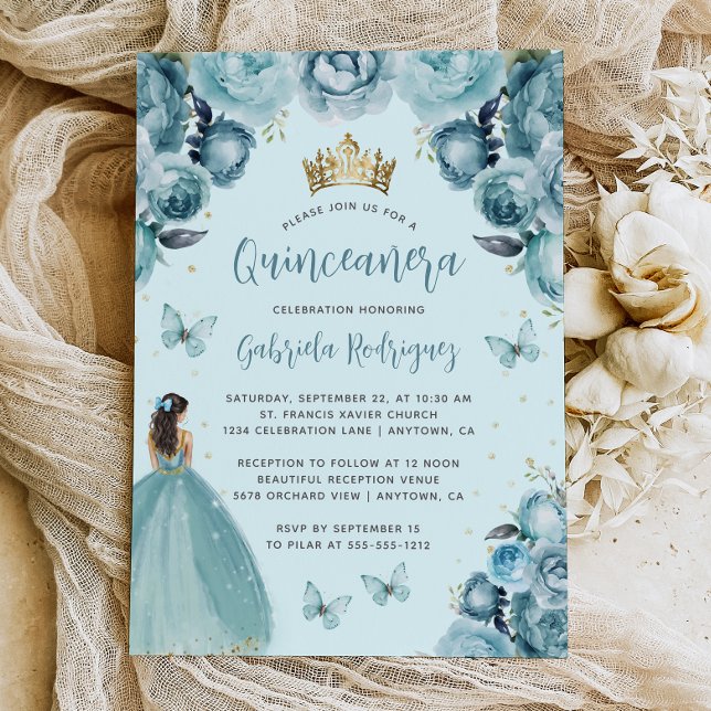 Convite Turquesa Floral Watercolor Princesa Quinceañera (Criador carregado)