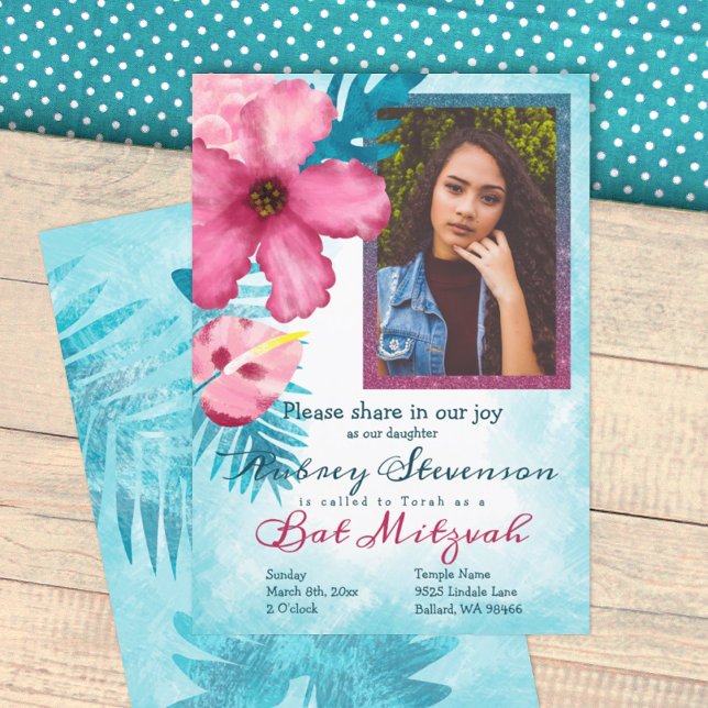 Convite Turquesa, Flores Tropicais Rosa Bat Mitzvah (tropical teal and pink bat mitzvah invitation, hibiscus flower, 12th birthday party invitation)