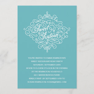 Convite Turquesa Flourish Doce Dezesseis Festas de anivers