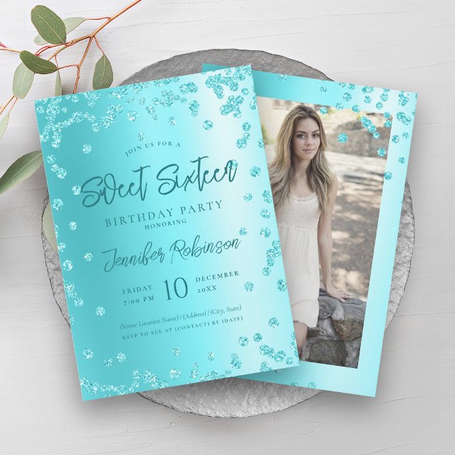 Convite Turquesa Foto Glitter Chic Sweet 16 (Turquoise Chic Glitter Photo Sweet 16 Invitation)