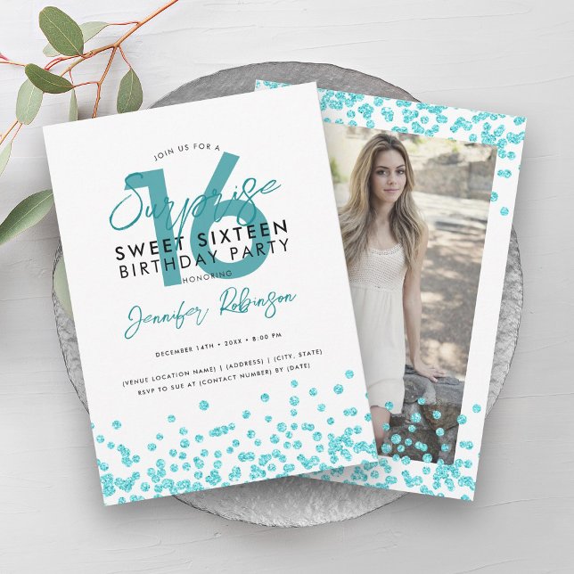 Convite Turquesa Glitter Confetti Surpresa Sweet 16 (Turquoise Glitter Confetti Surprise Sweet 16 Invitation)