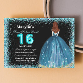 Convite Turquesa Glitter Princesa Extravaganza: Doce 16