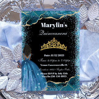 Convite Turquesa Glitter Princesa Quinceañera Tiara Magia