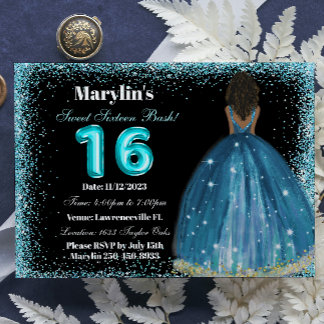 Convite Turquesa Glitter Princess Sweet 16 Foil Balon
