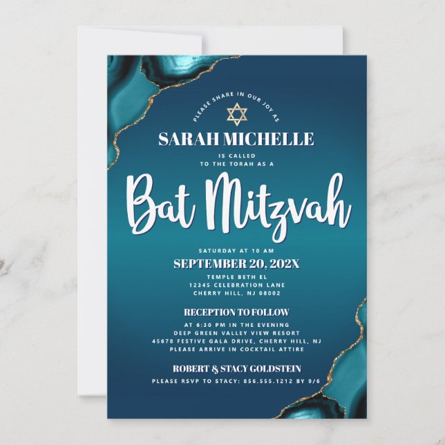 Convite Turquesa Ombre Bat Mitzvah Ágata Script 2 Local (Frente)