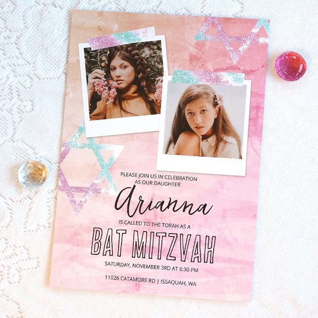 Convite Turquesa rosa - Foto do Bat Mitzvah (Pink Glitter Photo Scrap Book Style Bat Mitzvah Invitation, Cute Photo Collage Invites)